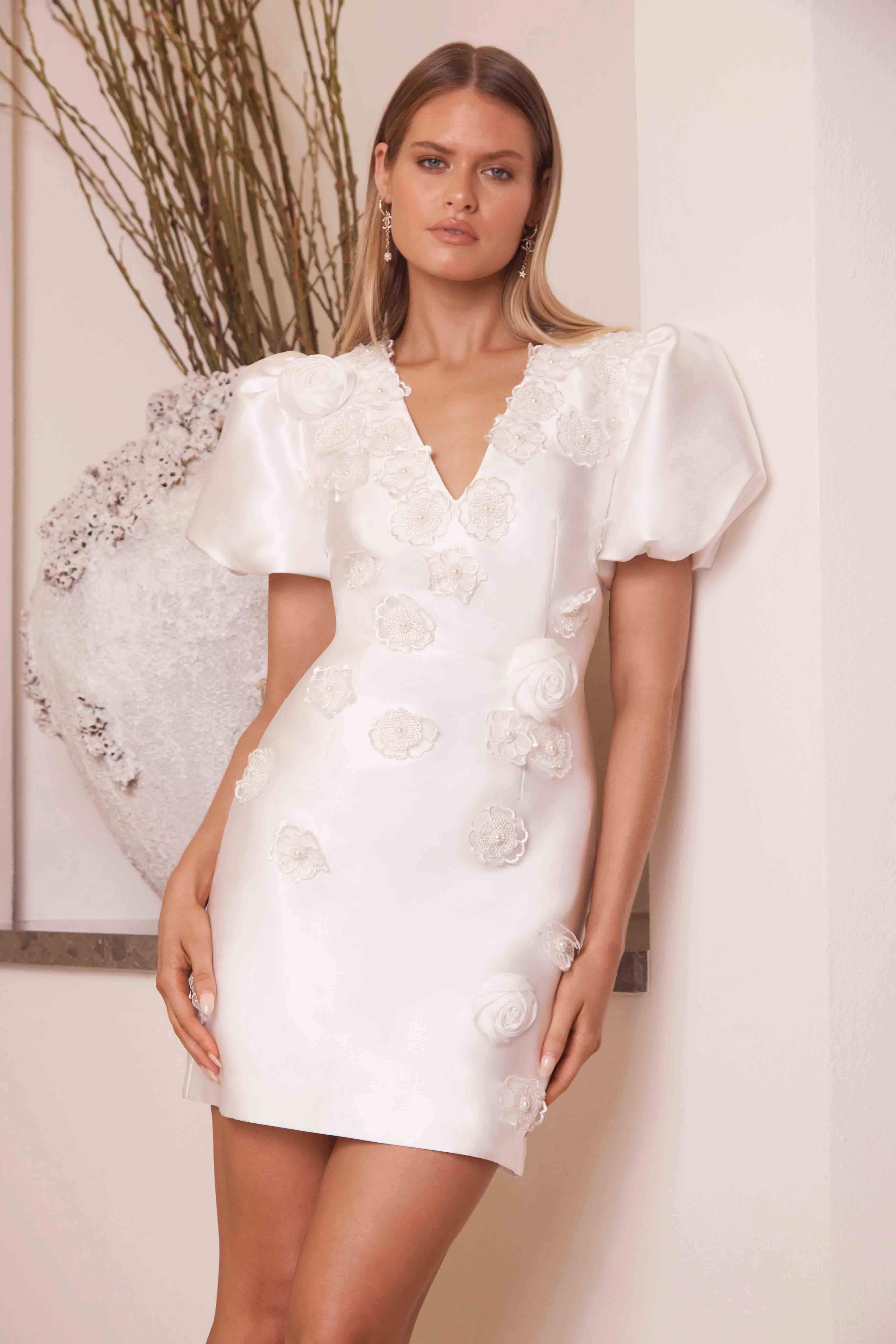 Oleander Mini Puff Sleeve Dress In White